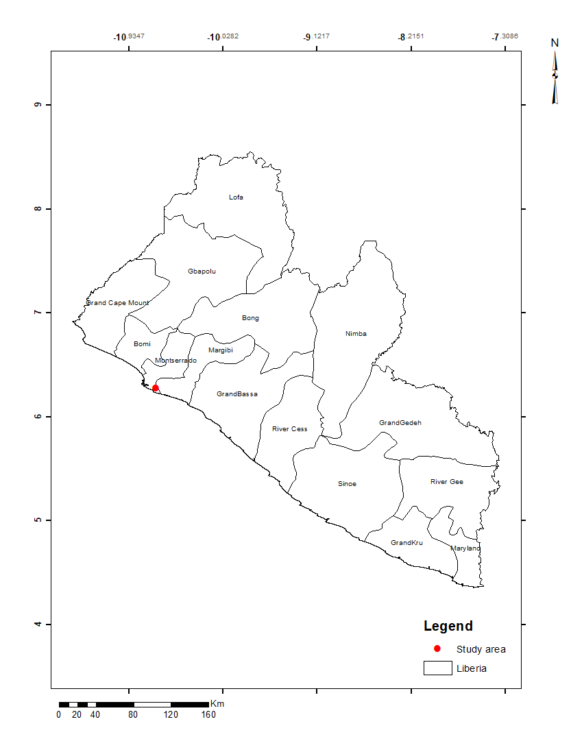 Figure 1. Map of Liberia and the study area (red)