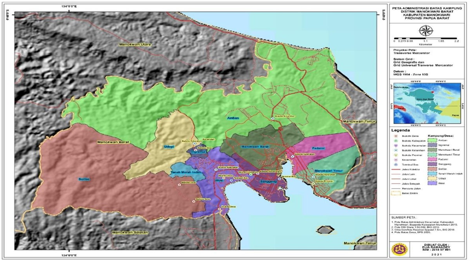 Administrative Map of West Manokwari District Manokwari Regency, West Papua Province