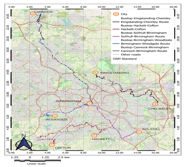 Map of west midland showing study routes