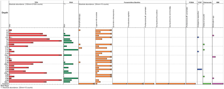 Plot of geochemical analysis (TPH/PAH) with micropaleontology for the upper (0 – 0.5m) composited sections.