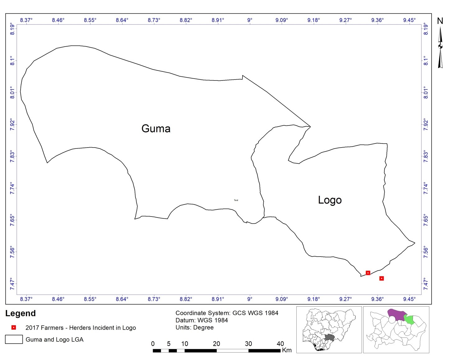 Locations of Farmers-Herders Conflict in Guma and Logo LGAs