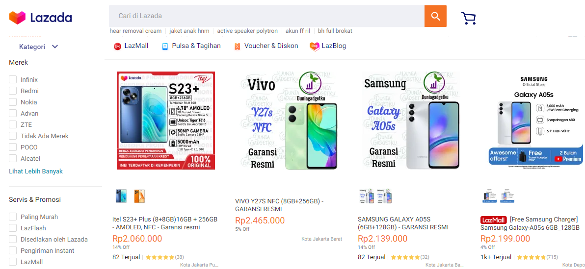 Hand-phones offered in Lazada Indonesia