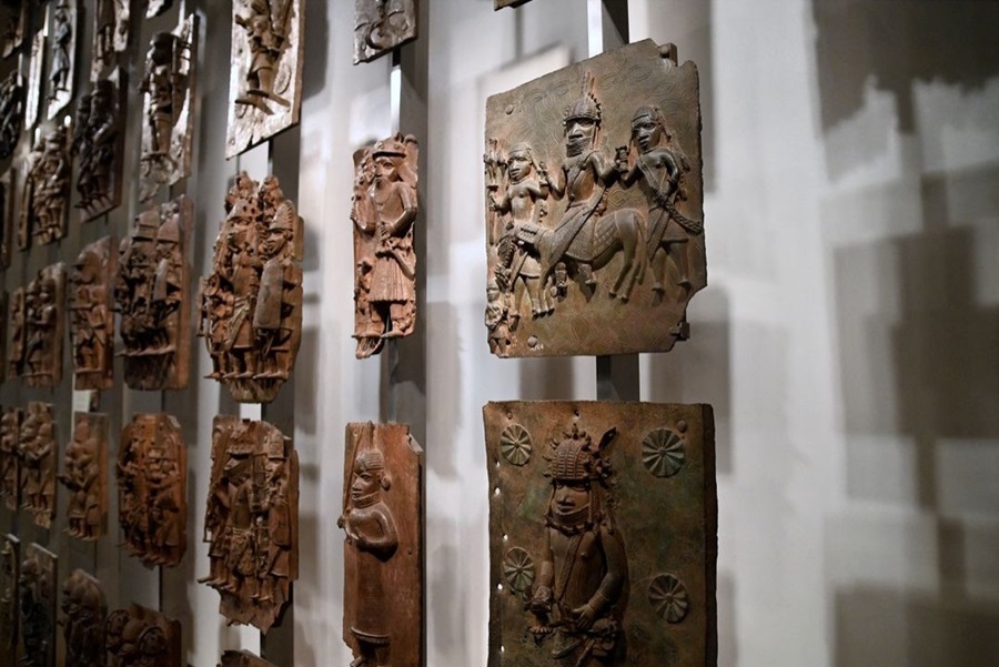 Examples of Benin bronzes displayed at the British Museum in London, Britain.